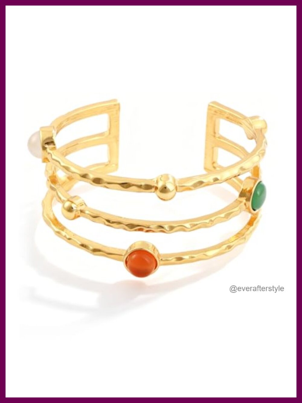 14K Gold Plated Chunky Hammered Cuff Bracelet Agate Open Bangle